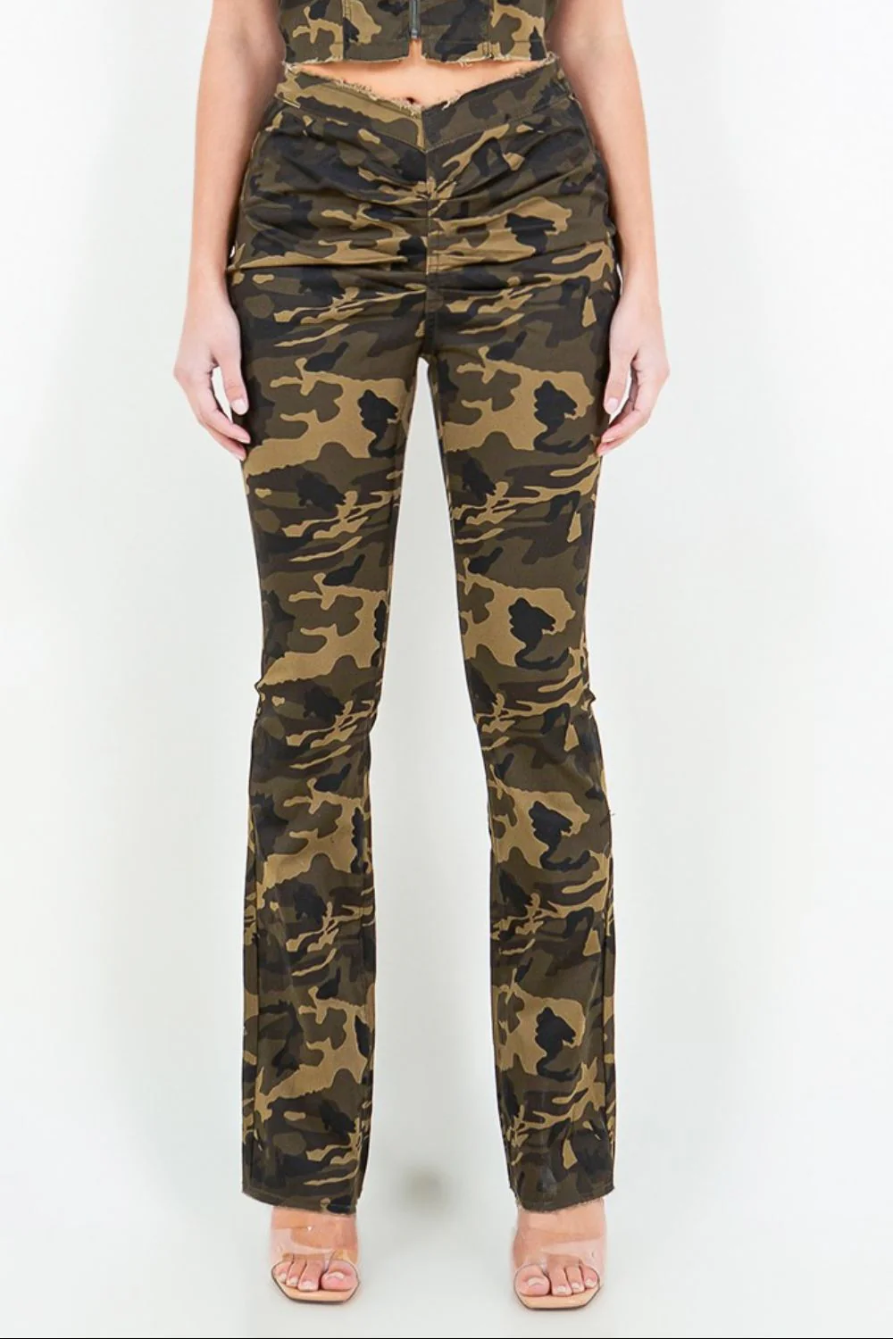 American Bazi V-Cut Ruched Camo Flare Pants - Image 4