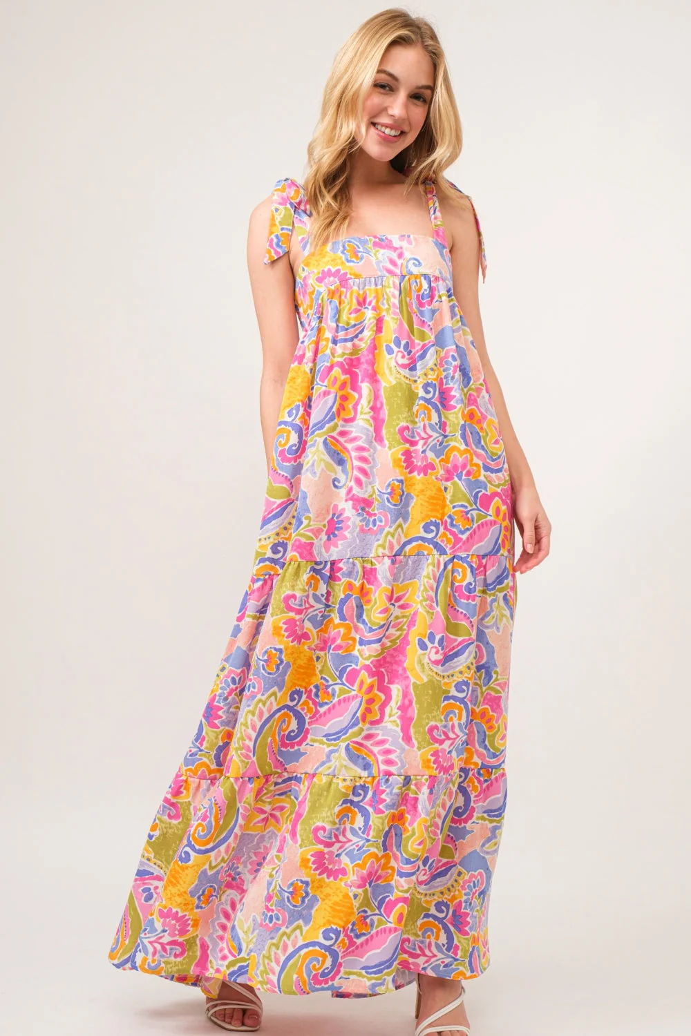 And The Why Full Size Printed Tie Shoulder Tiered Maxi Dress - Image 4