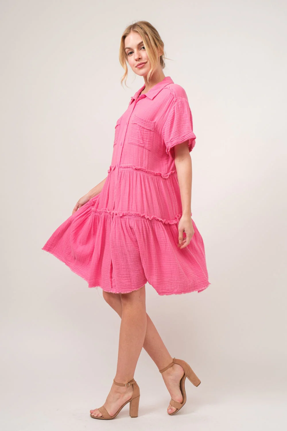 And The Why Full Size Raw Edge Washed Tiered Shirt Dress - Image 3