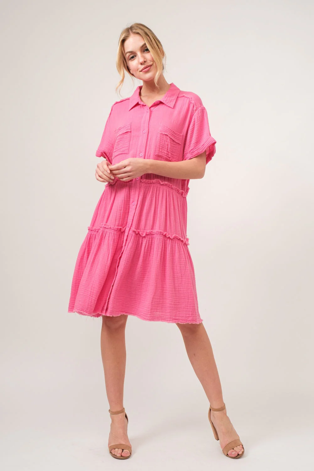 And The Why Full Size Raw Edge Washed Tiered Shirt Dress - Image 4