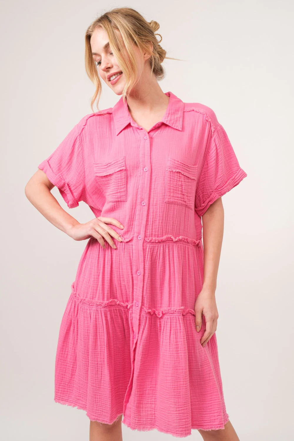 And The Why Full Size Raw Edge Washed Tiered Shirt Dress - Image 5