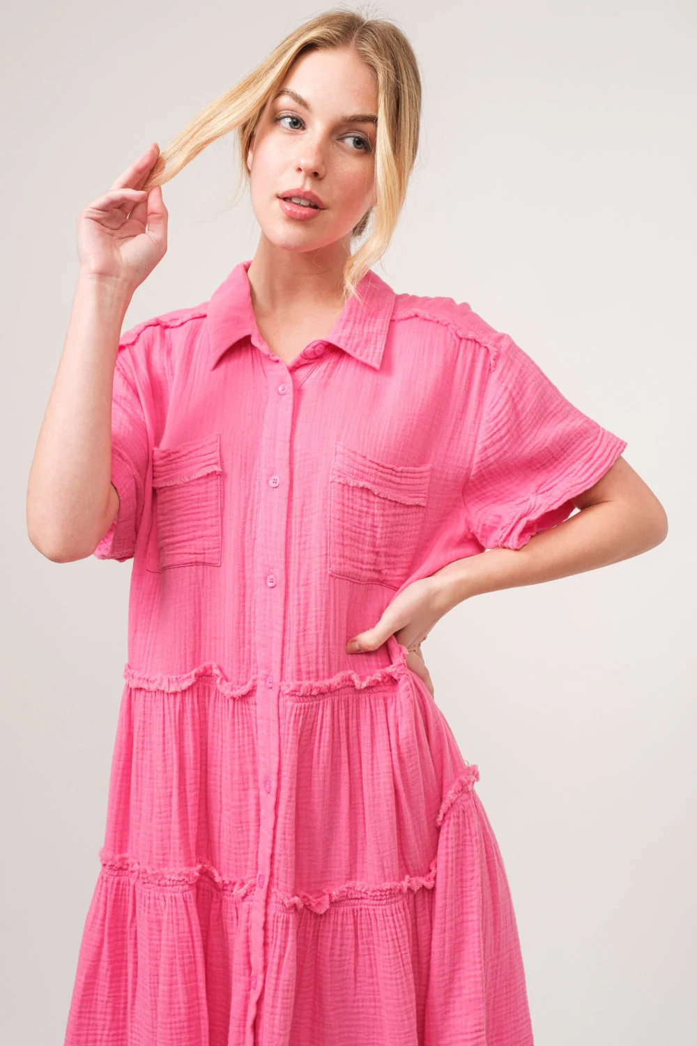 And The Why Full Size Raw Edge Washed Tiered Shirt Dress - Image 6
