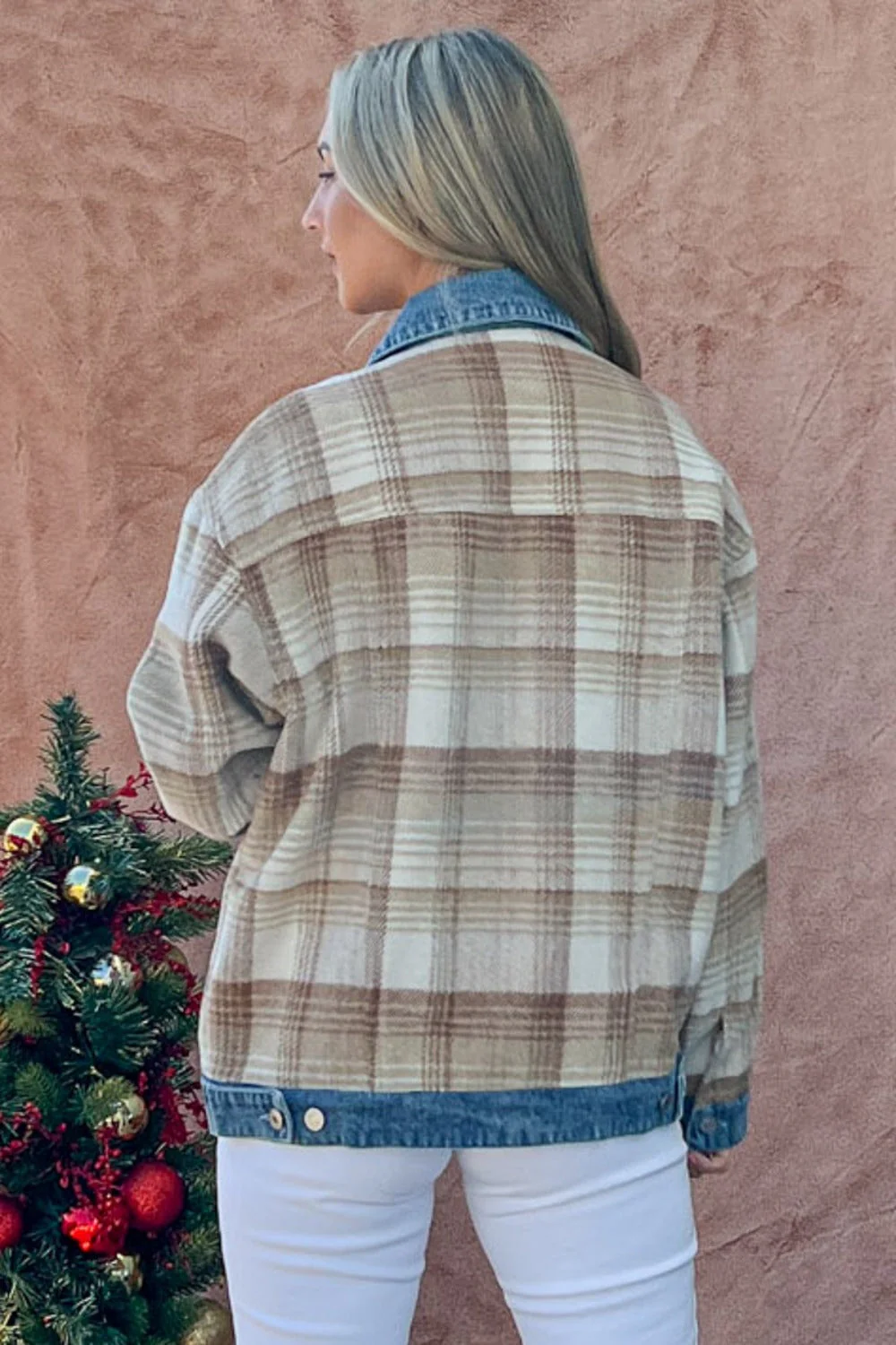 And The Why Full Size Washed Denim Detail Brushed Plaid Jacket - Image 2