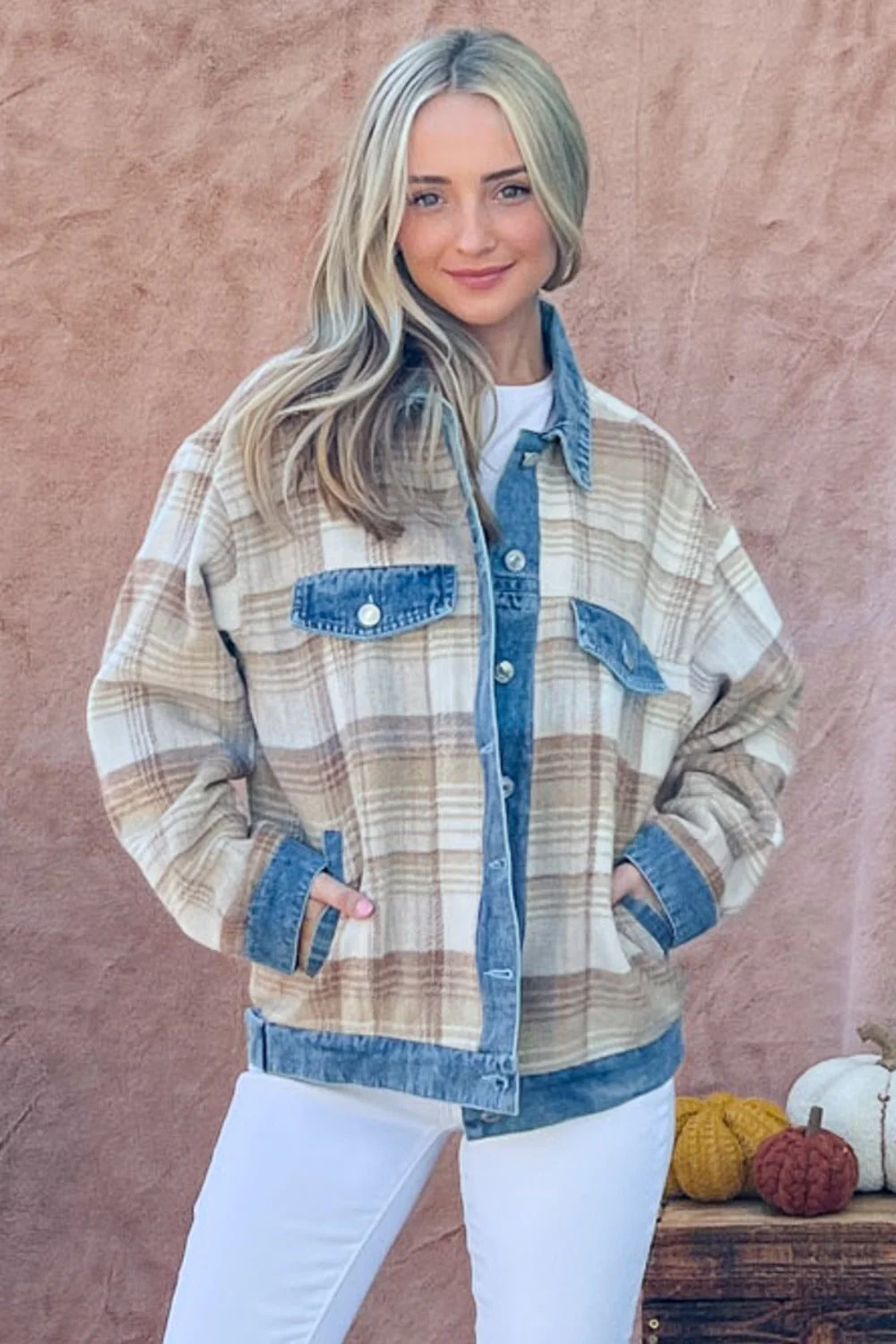And The Why Full Size Washed Denim Detail Brushed Plaid Jacket - Image 3