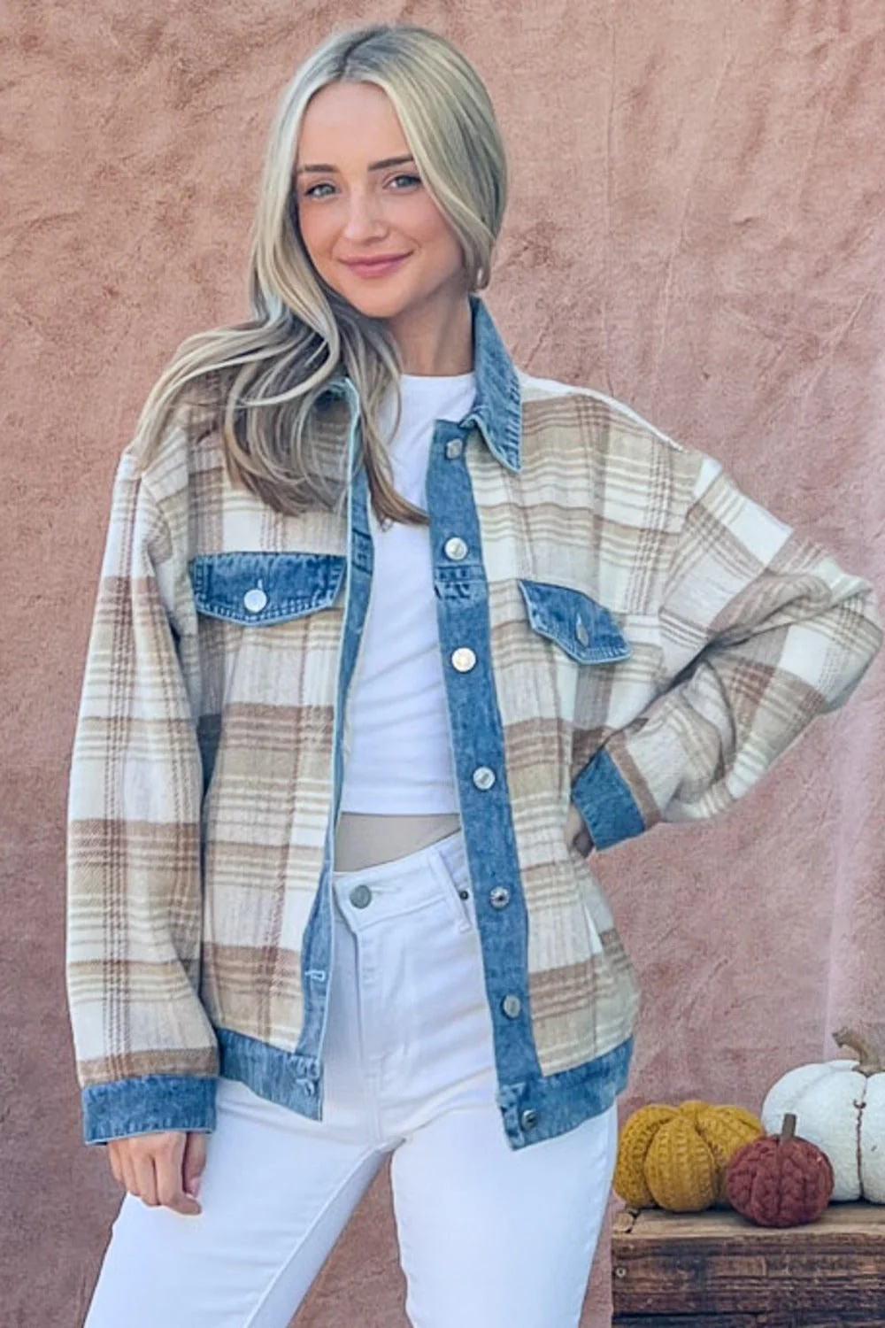 And The Why Full Size Washed Denim Detail Brushed Plaid Jacket - Image 4