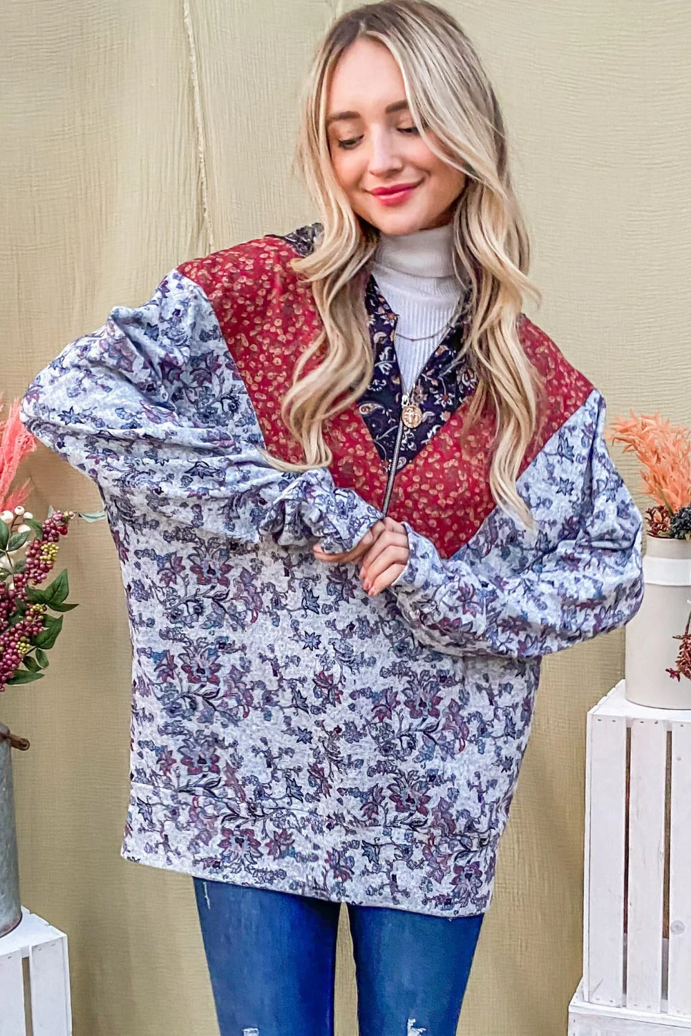 And The Why Printed Half Zip Up Long Sleeve Hoodie - Image 4