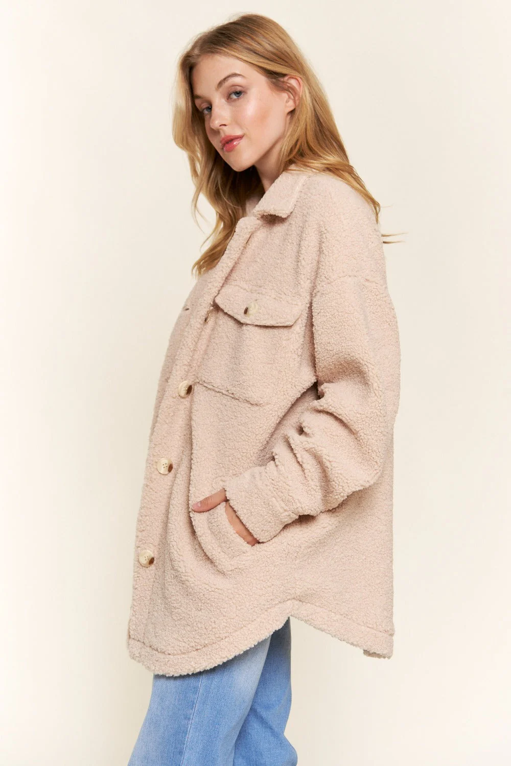 And The Why Teddy Sherpa Button Down Curved Hem Shacket - Image 3