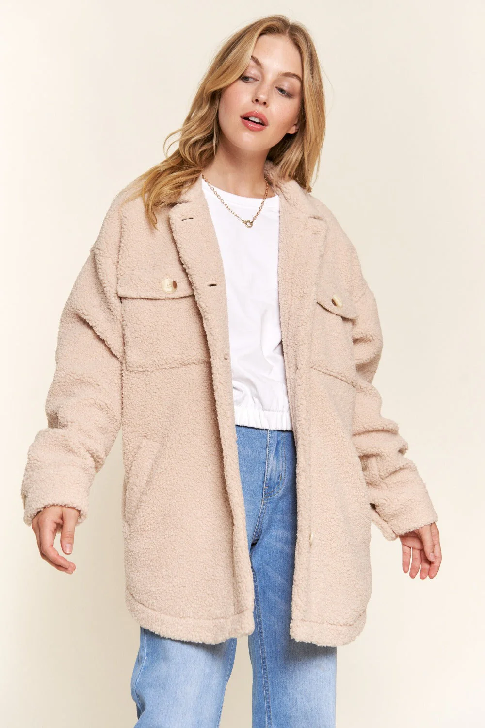 And The Why Teddy Sherpa Button Down Curved Hem Shacket - Image 4