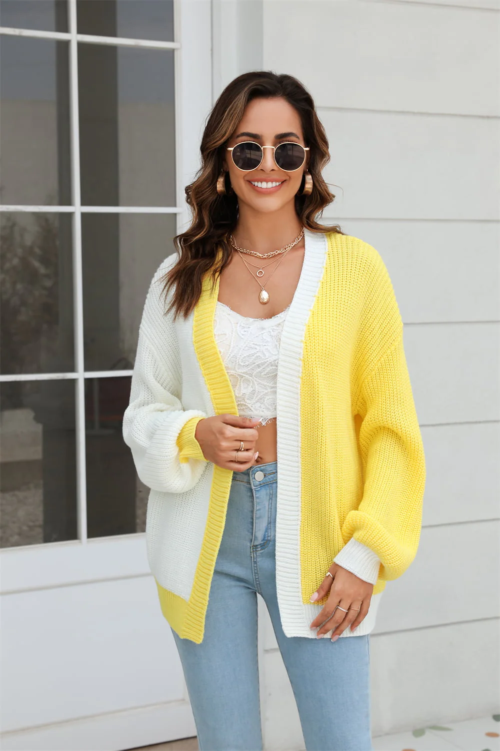 Angel Wings Open Front Contrast Color Balloon Sleeve Cardigan - Image 6