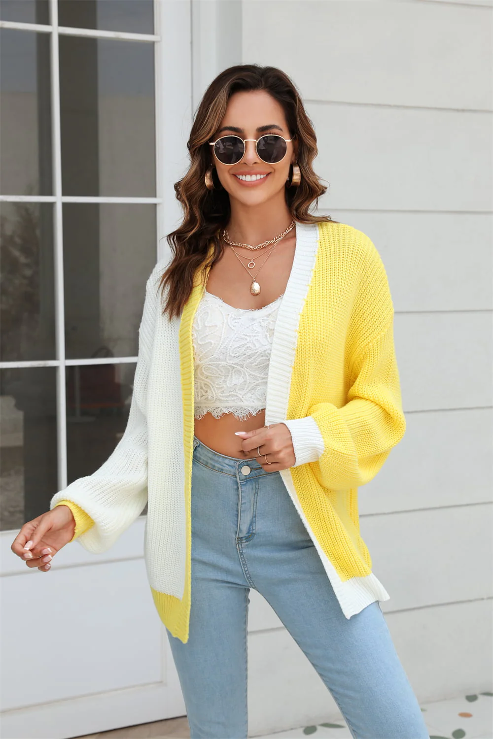 Angel Wings Open Front Contrast Color Balloon Sleeve Cardigan - Image 7