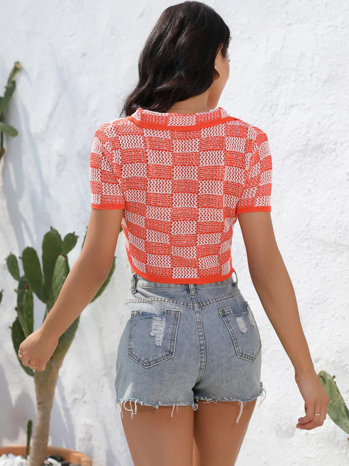 Angel Wings Plaid Button Up Short Sleeve Cardigan - Image 7