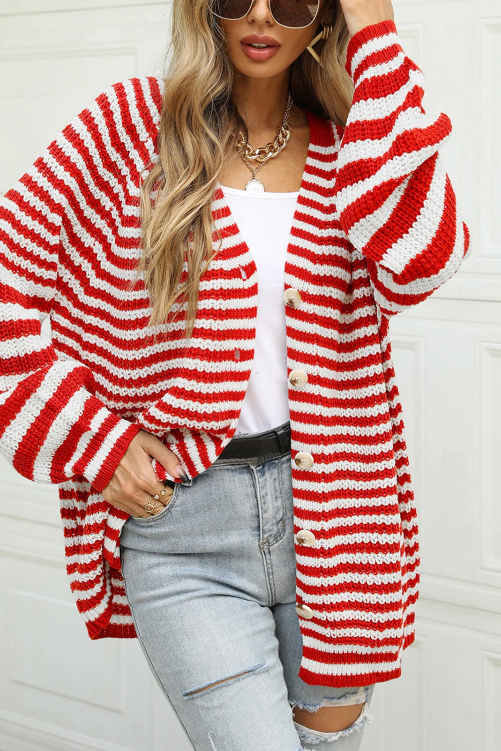 Angel Wings Striped Button Up Long Sleeve Cardigan - Image 2