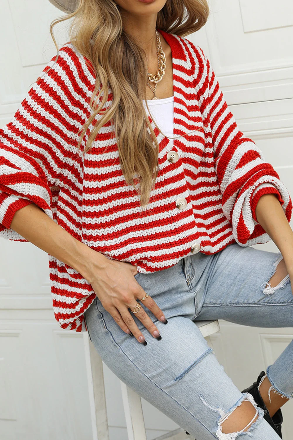 Angel Wings Striped Button Up Long Sleeve Cardigan - Image 3