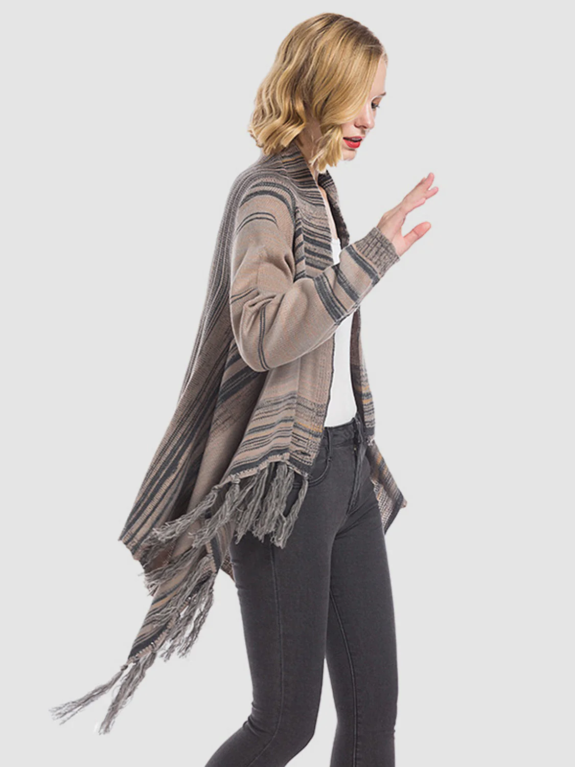 Angel Wings Tassel Striped Open Front Long Sleeve Cardigan - Image 3