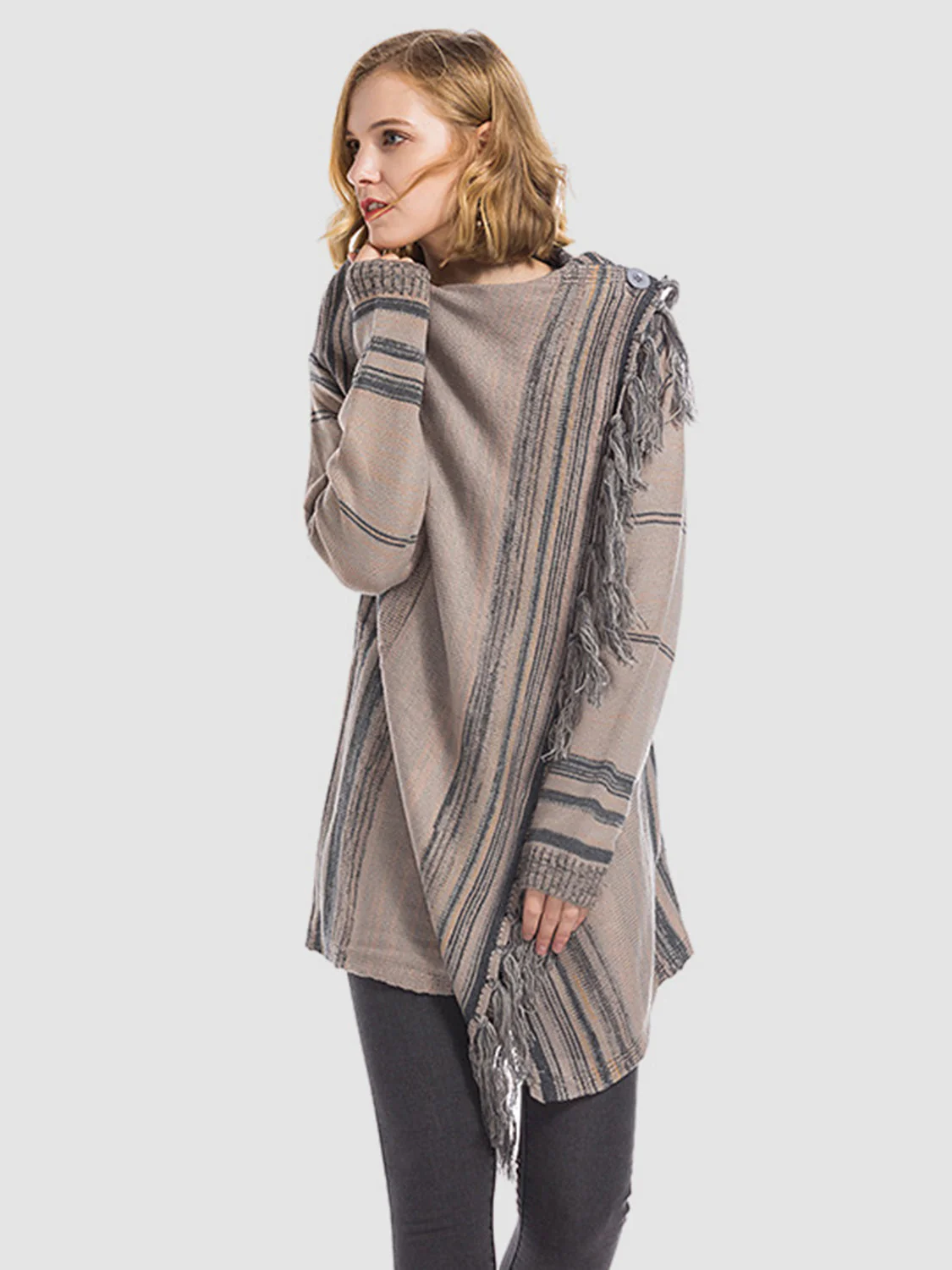 Angel Wings Tassel Striped Open Front Long Sleeve Cardigan - Image 4