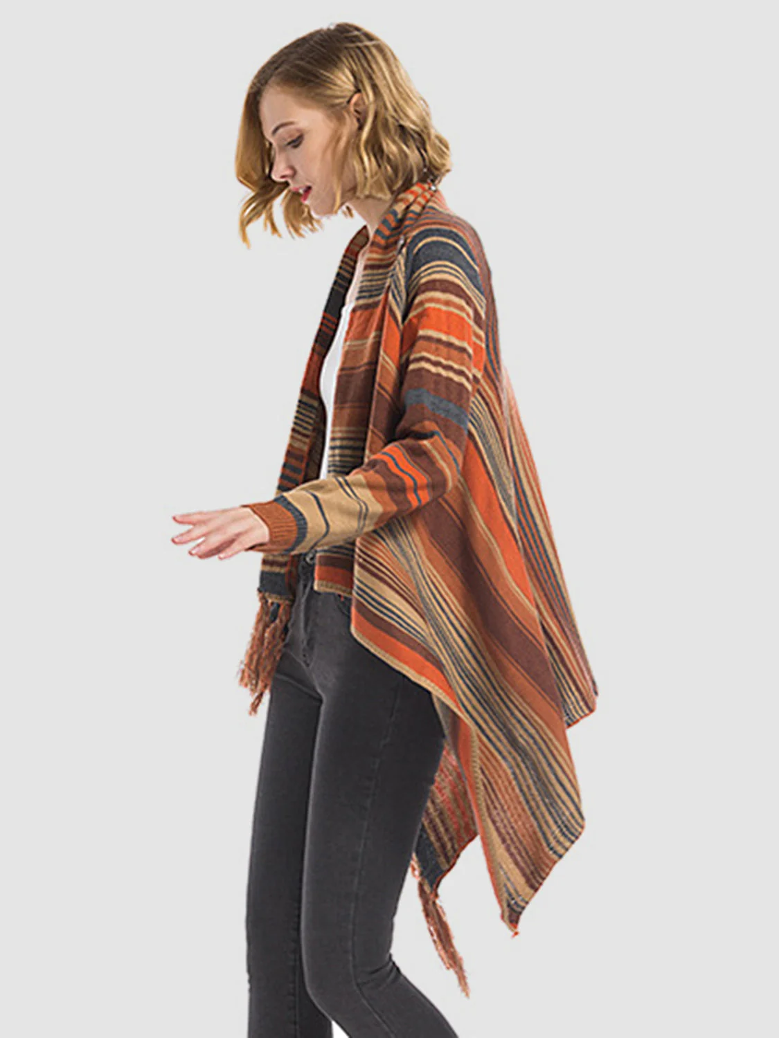 Angel Wings Tassel Striped Open Front Long Sleeve Cardigan - Image 6