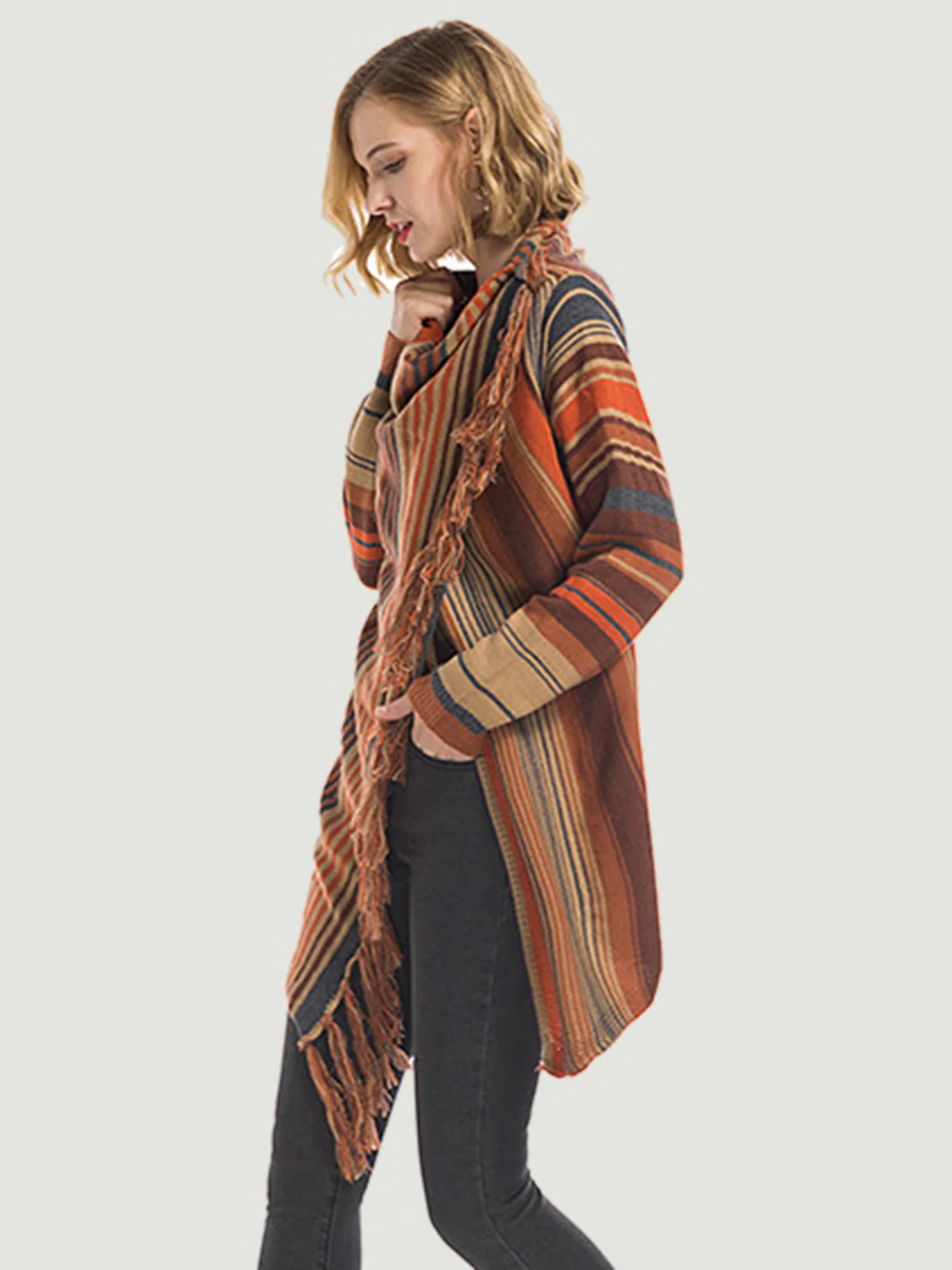 Angel Wings Tassel Striped Open Front Long Sleeve Cardigan - Image 8