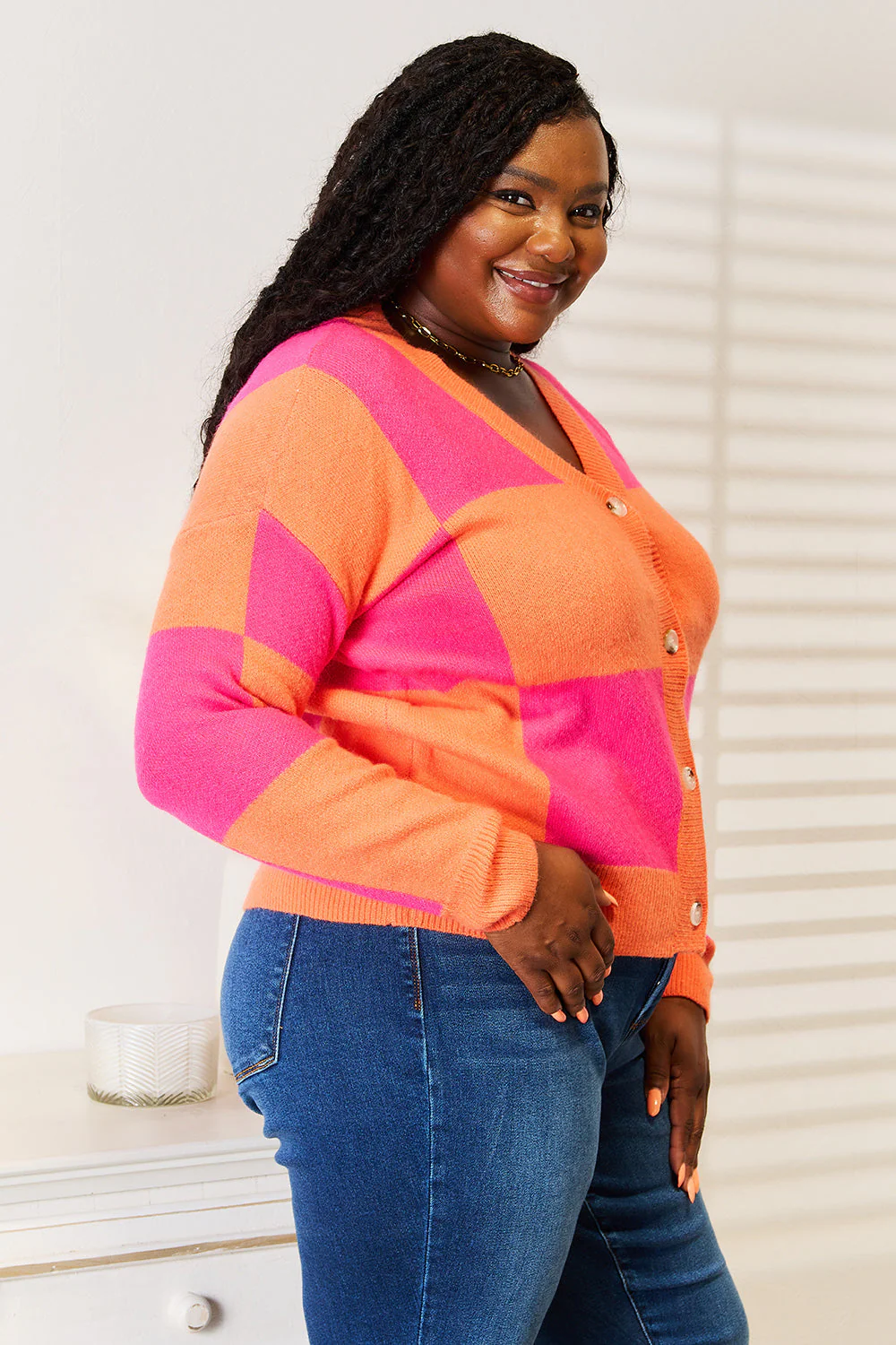 Angel Wings Woven Right Checkered V-Neck Dropped Shoulder Cardigan - Image 8