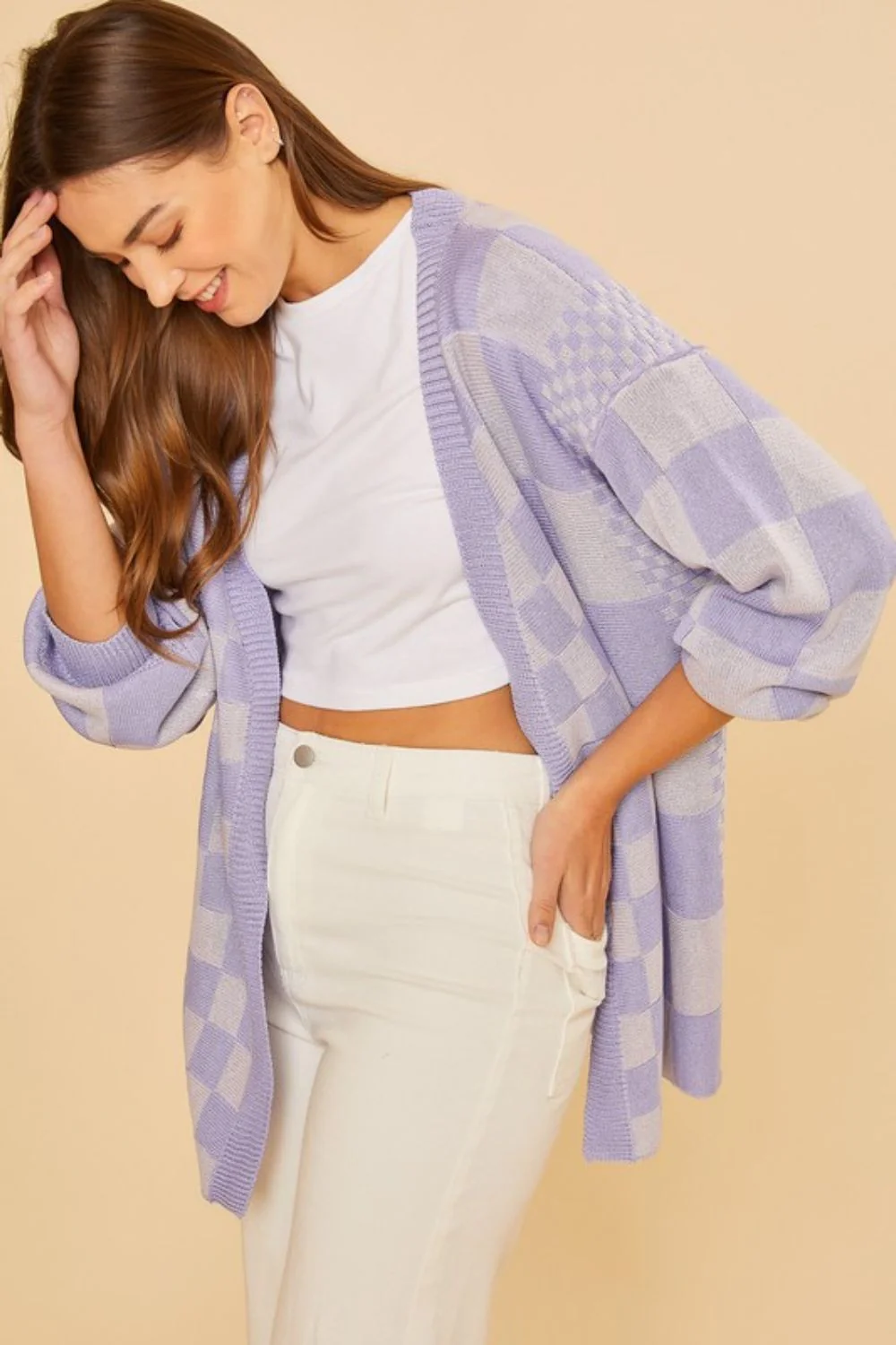 Annie Wear Checkered Open Front Drop Shoulder Cardigan - Image 2