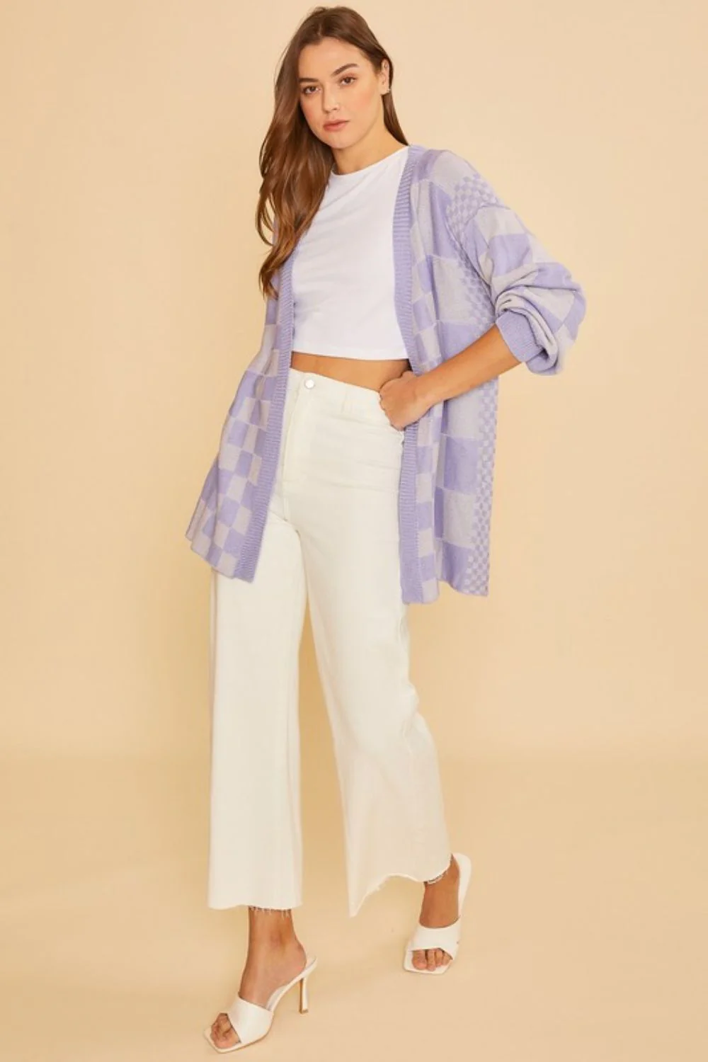 Annie Wear Checkered Open Front Drop Shoulder Cardigan - Image 3