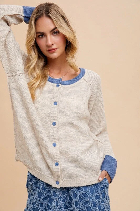 Annie Wear Contrast Trim Button Down Raglan Sleeve Cardigan - Image 5