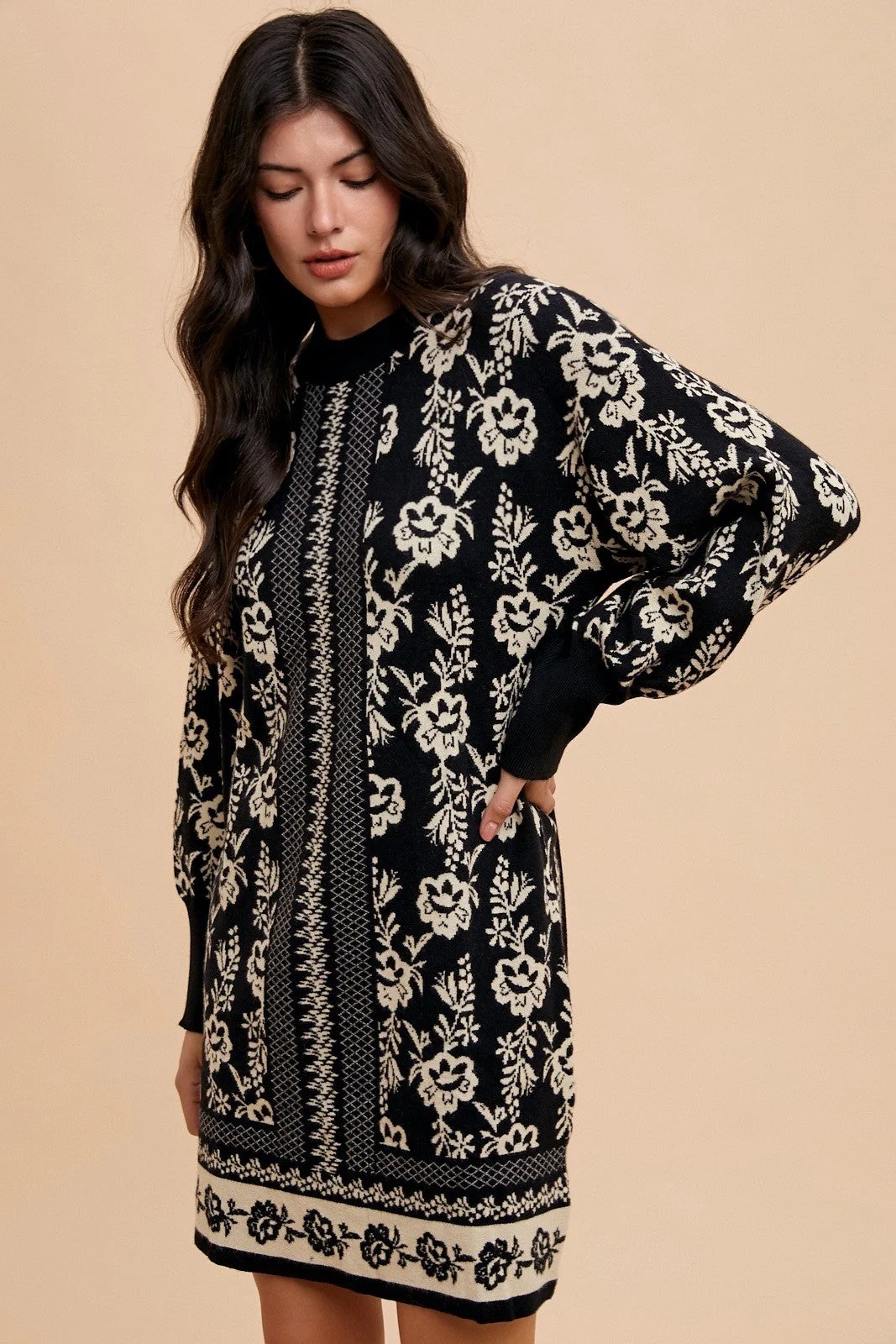 Annie Wear Floral Jacquard Round Neck Sweater Dress - Image 3