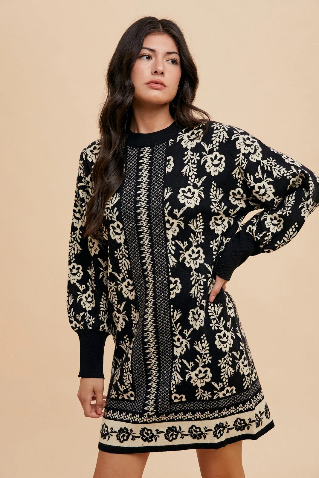 Annie Wear Floral Jacquard Round Neck Sweater Dress - Image 4
