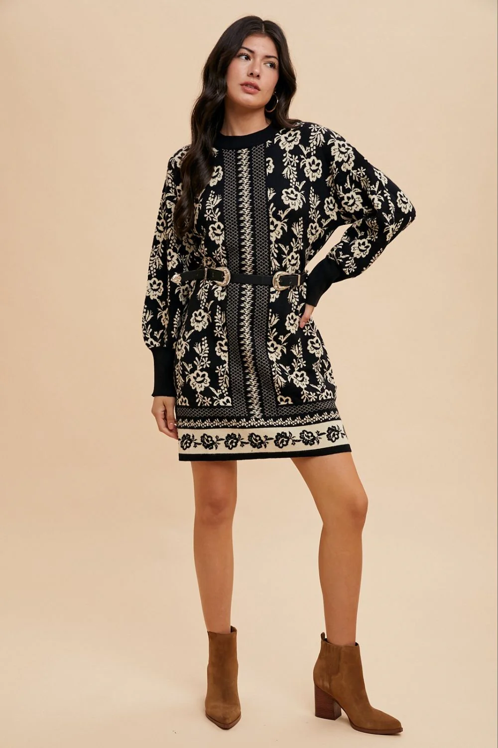 Annie Wear Floral Jacquard Round Neck Sweater Dress - Image 5