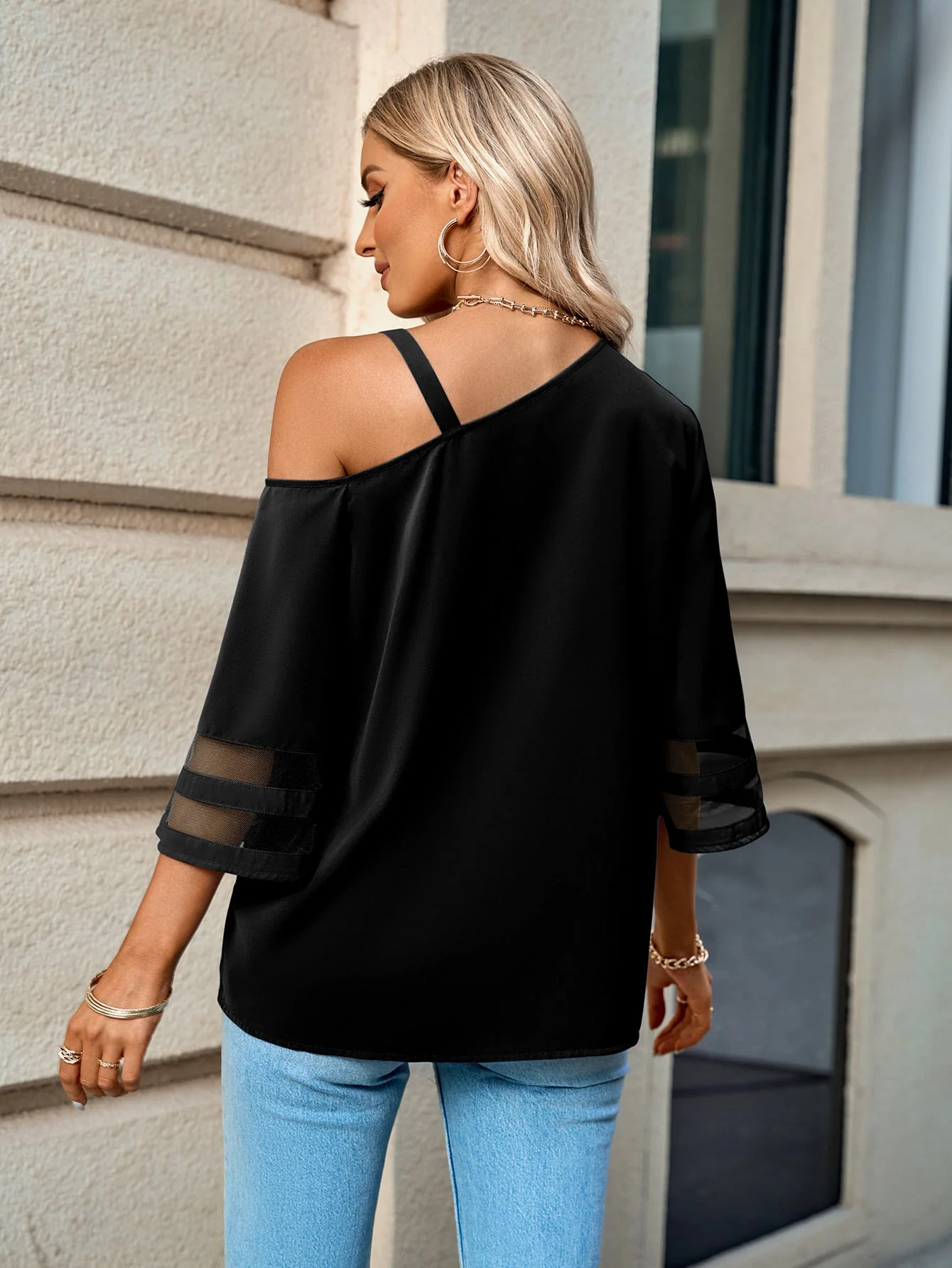 Asymmetrical Neck Sheer Striped Flare Sleeve Blouse - Image 2