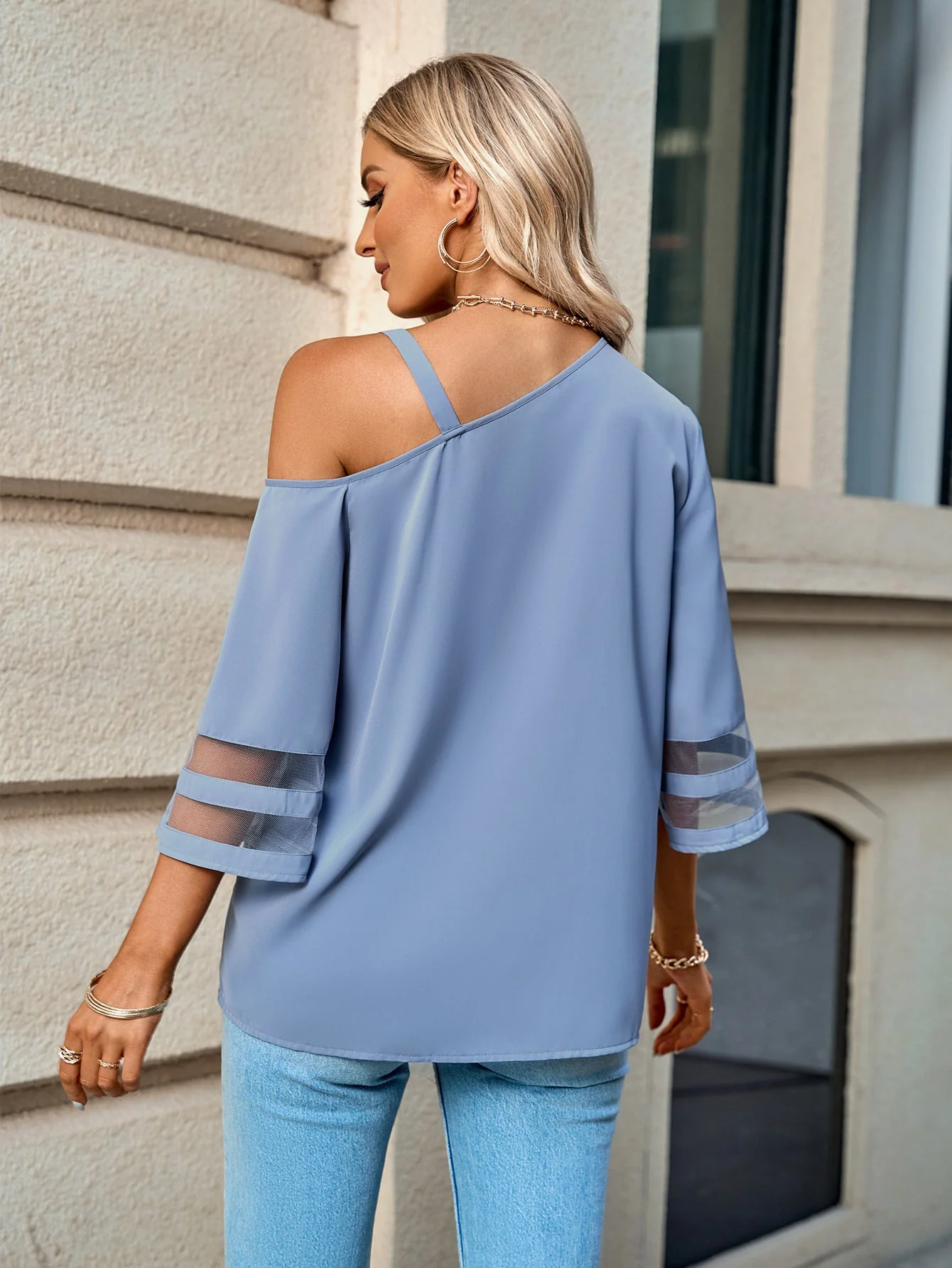 Asymmetrical Neck Sheer Striped Flare Sleeve Blouse - Image 9