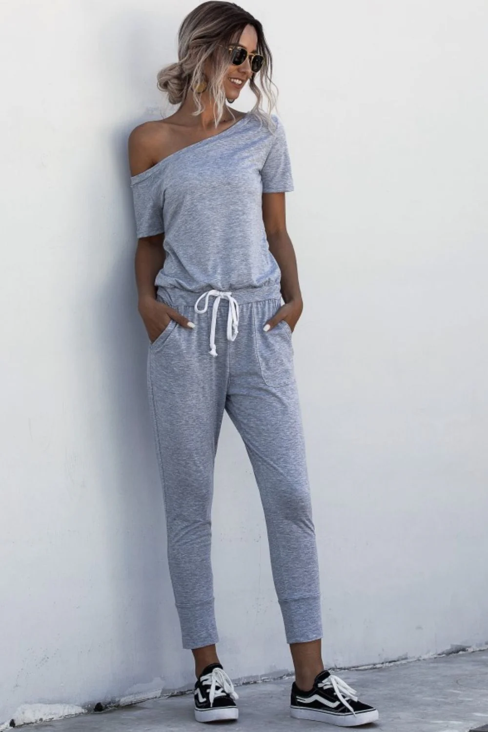 Asymmetrical Neck Tied Jumpsuit with Pockets - Image 3