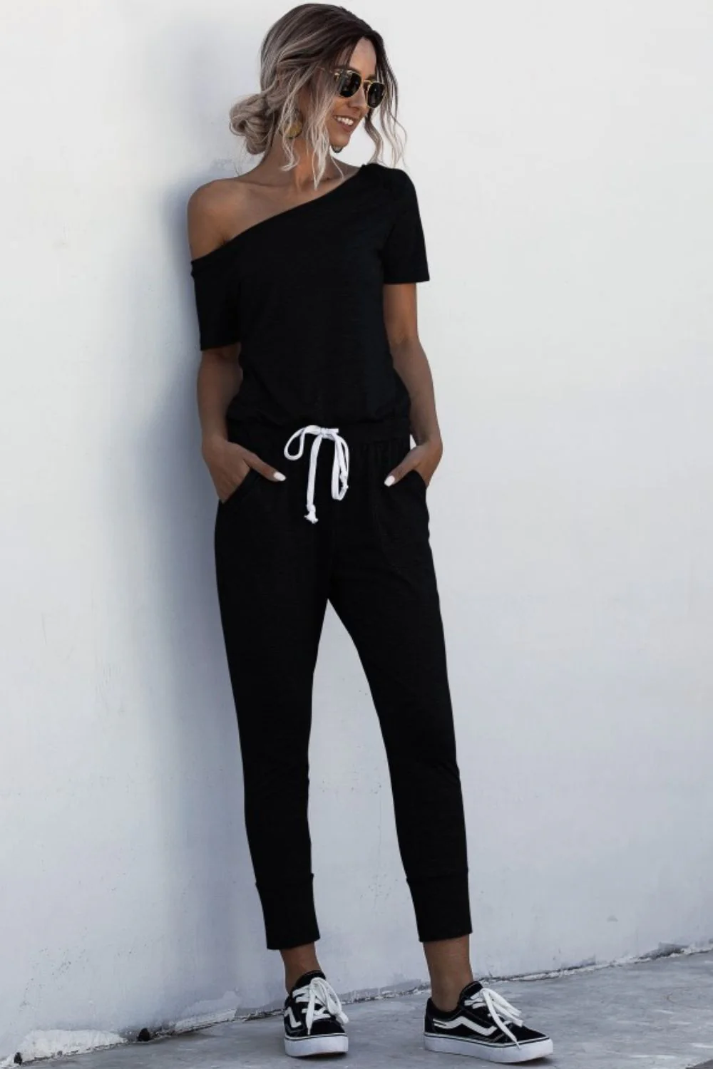 Asymmetrical Neck Tied Jumpsuit with Pockets - Image 5
