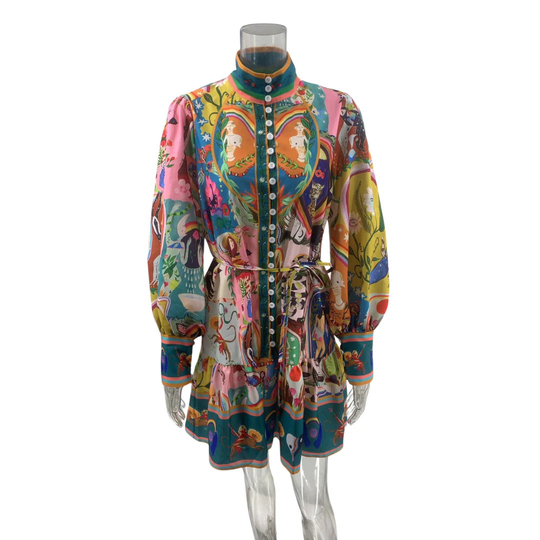 Autumn Winter Long Sleeve Printed Lace up Pleated Dress by BlakWardrob - Image 6