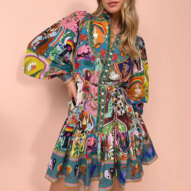 Autumn Winter Long Sleeve Printed Lace up Pleated Dress by BlakWardrob - Image 7