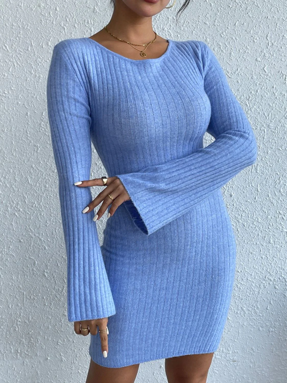 Backless Round Neck Long Sleeve Sweater Dress - Image 2