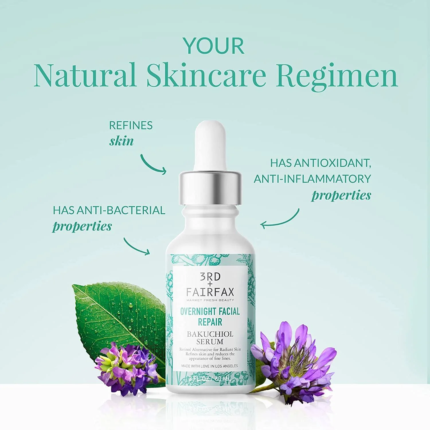 Bakuchiol Overnight Facial Repair Serum by 3rd + Fairfax Beauty, 2oz by  Los Angeles Brands - Image 3