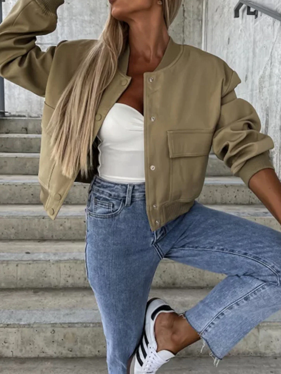 Baseball Collar Dropped Shoulder Jacket - Image 10