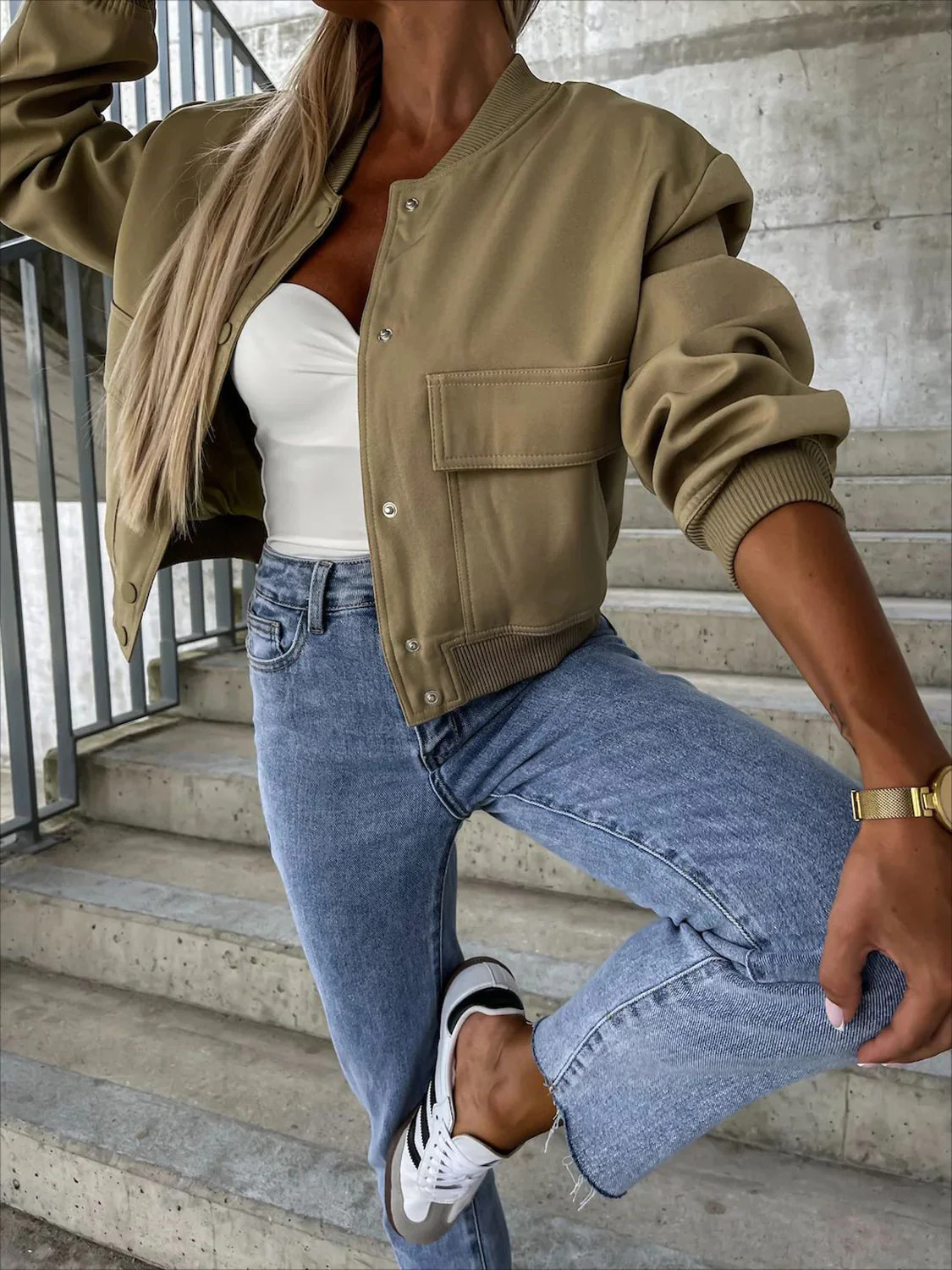 Baseball Collar Dropped Shoulder Jacket - Image 12