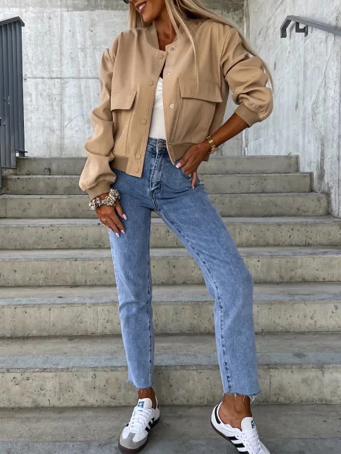 Baseball Collar Dropped Shoulder Jacket - Image 17