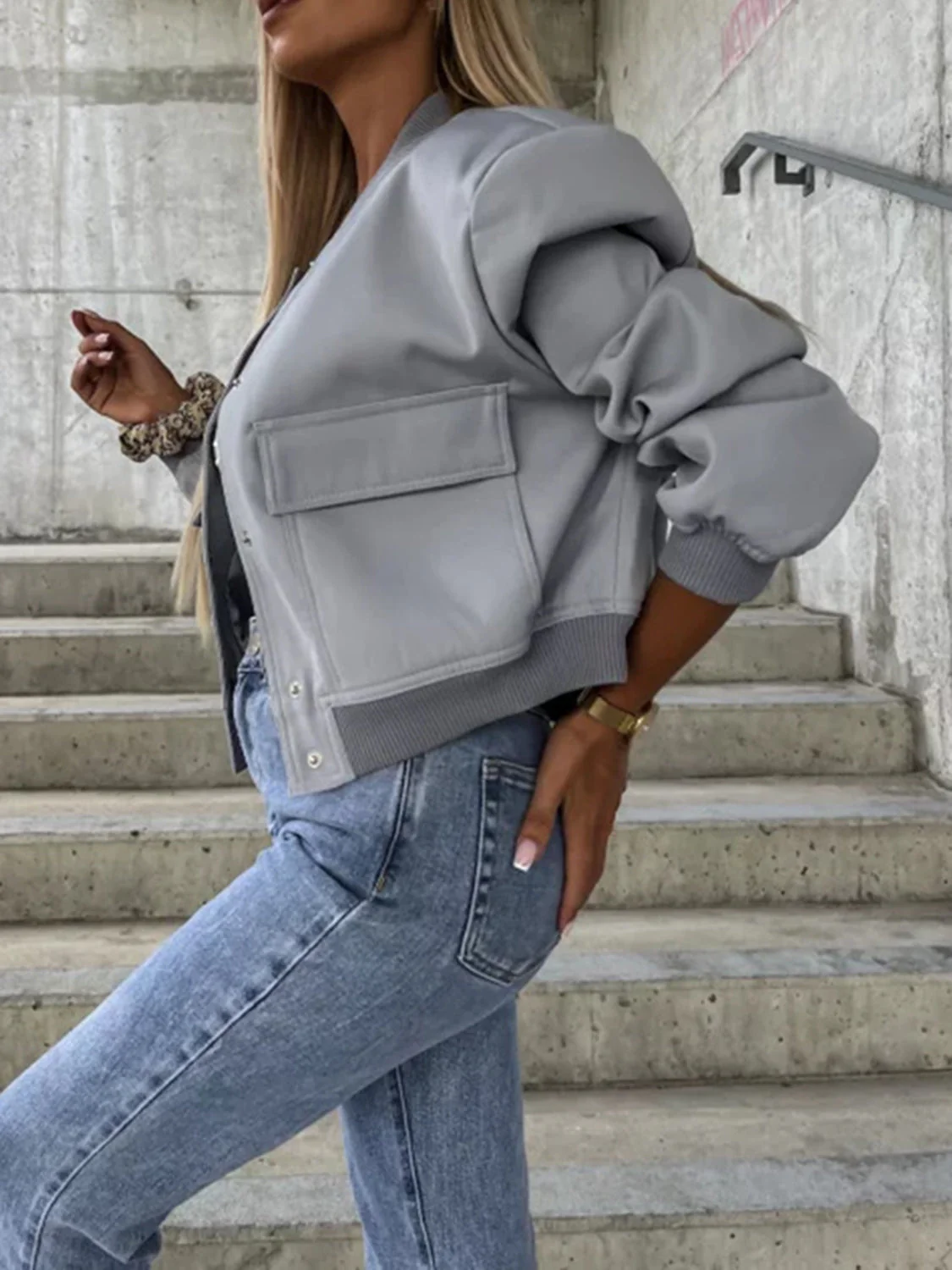 Baseball Collar Dropped Shoulder Jacket - Image 4