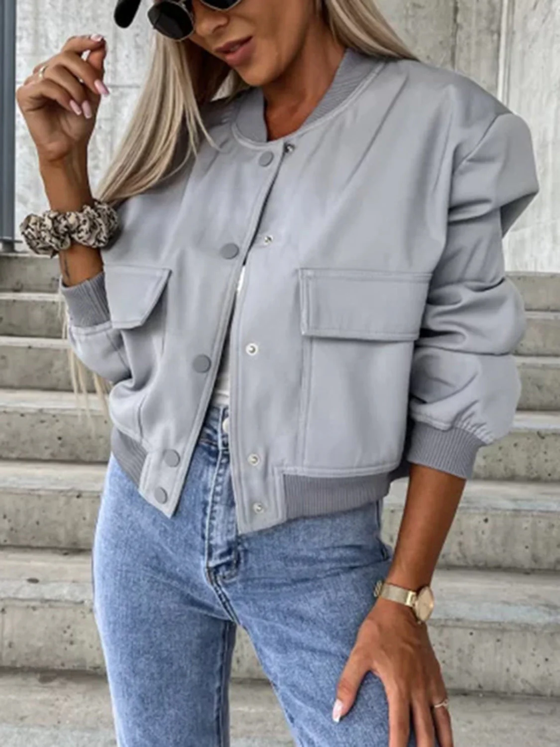 Baseball Collar Dropped Shoulder Jacket - Image 5