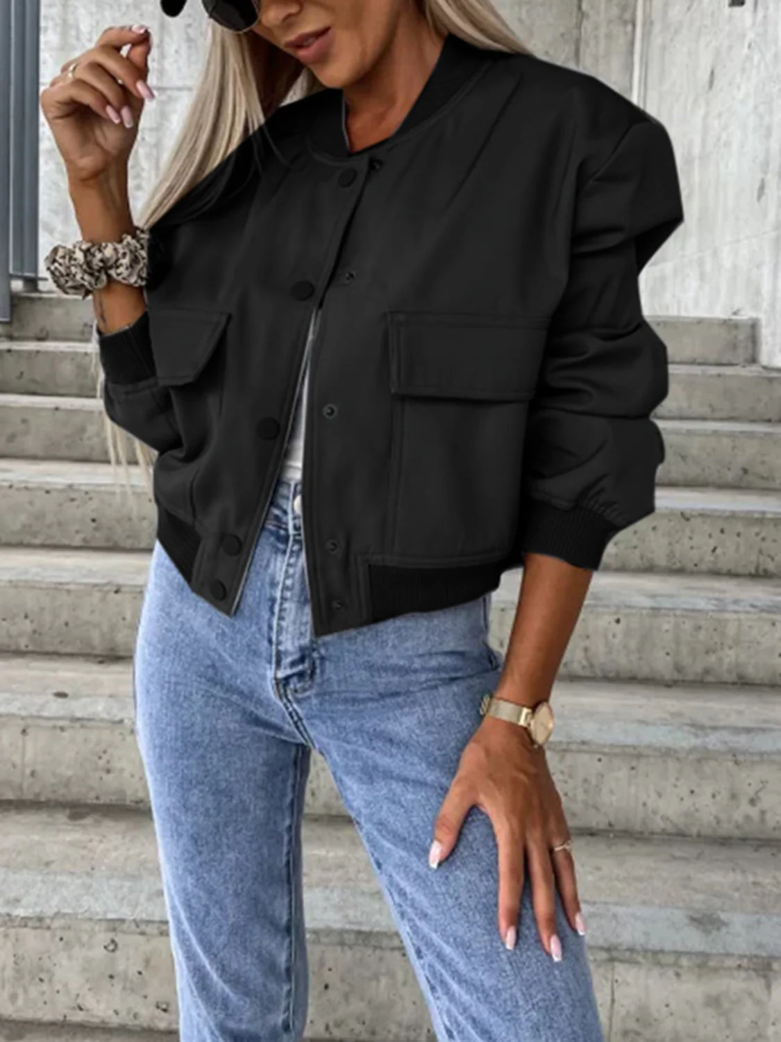 Baseball Collar Dropped Shoulder Jacket - Image 7