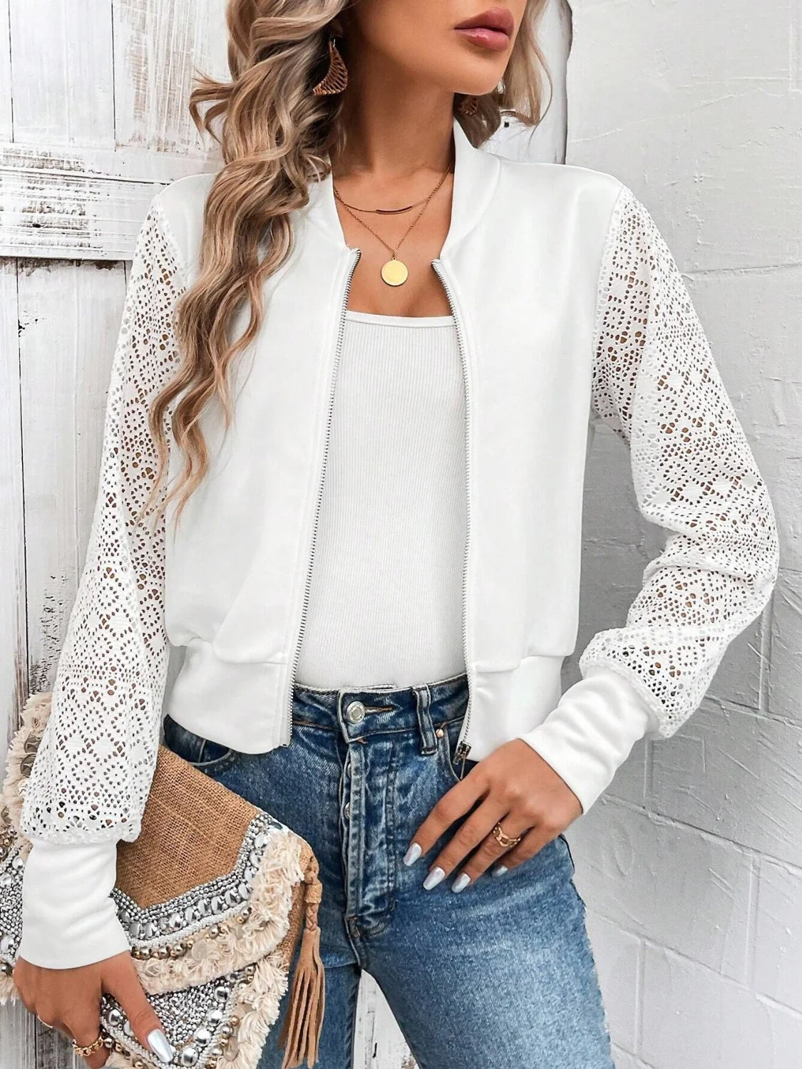 Baseball Collar Lace Patchwork Long Sleeve Jacket - Image 2