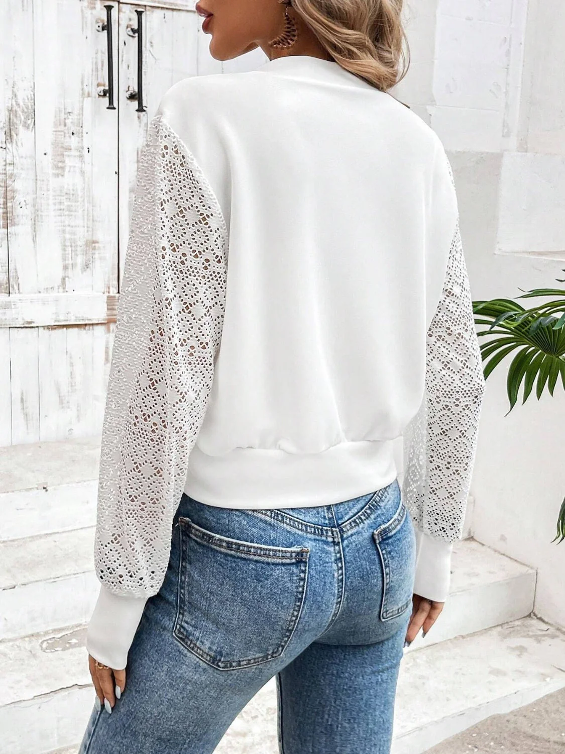 Baseball Collar Lace Patchwork Long Sleeve Jacket - Image 4