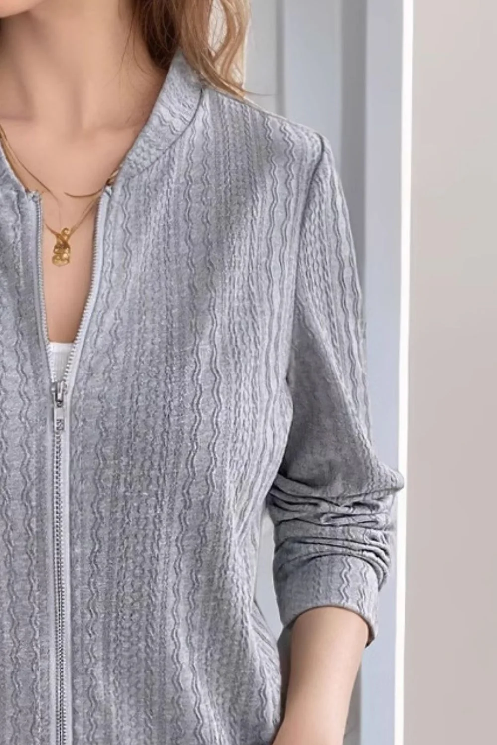 Baseball Collar Zip Up Long Sleeve Jacket - Image 3