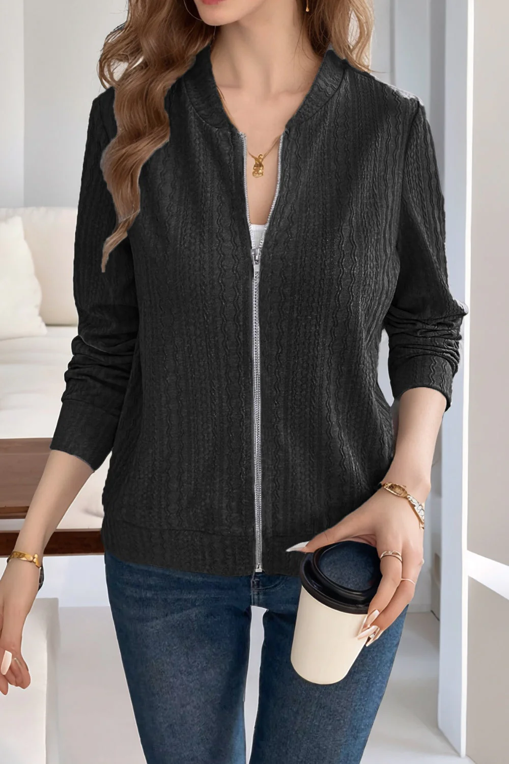 Baseball Collar Zip Up Long Sleeve Jacket - Image 4
