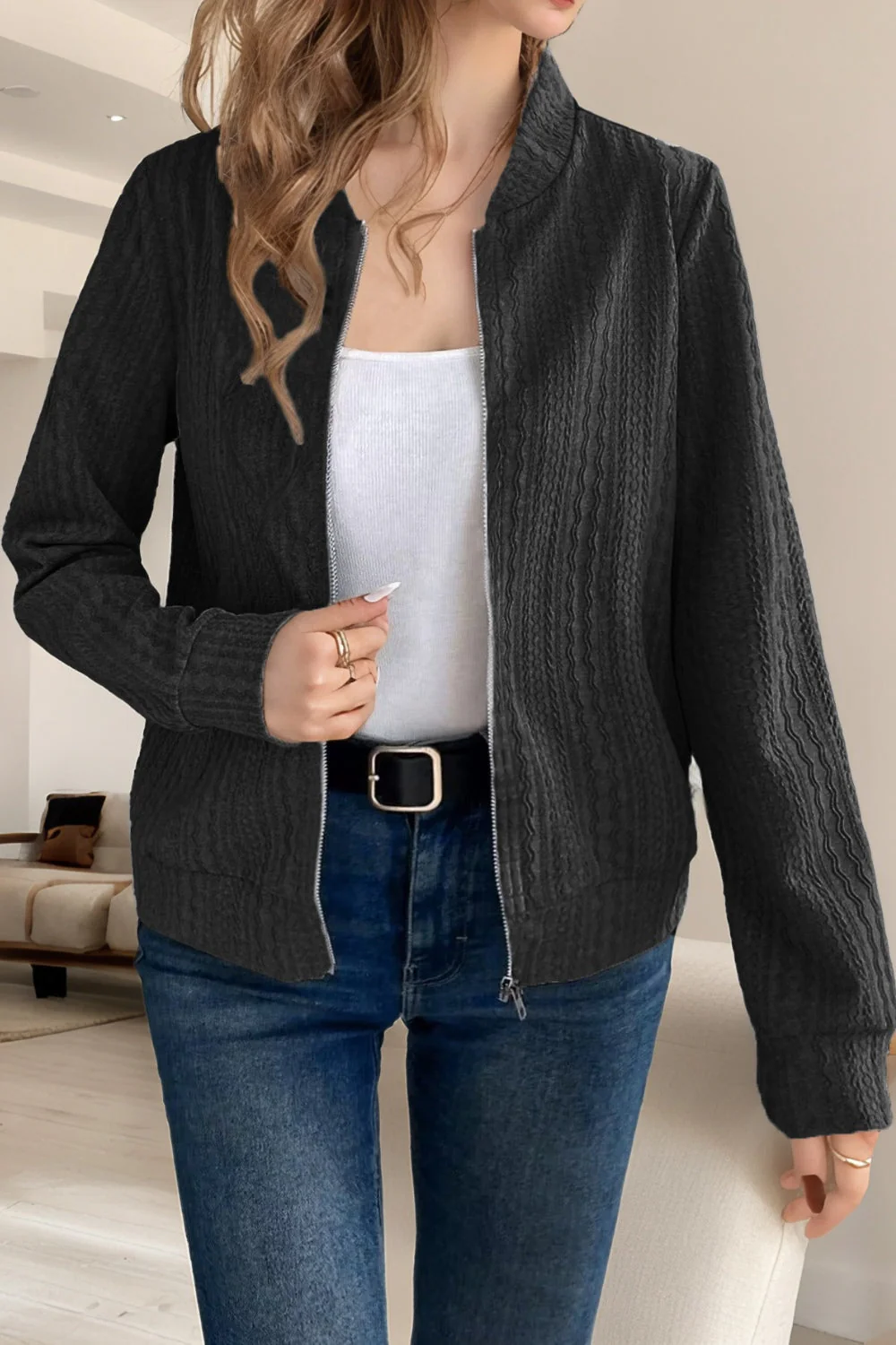 Baseball Collar Zip Up Long Sleeve Jacket - Image 6