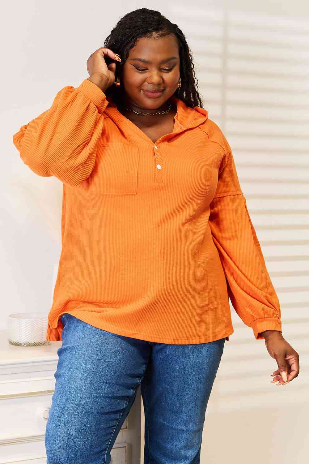 Basic Bae Side Slit Buttoned Waffle Knit Hoodie - Image 3