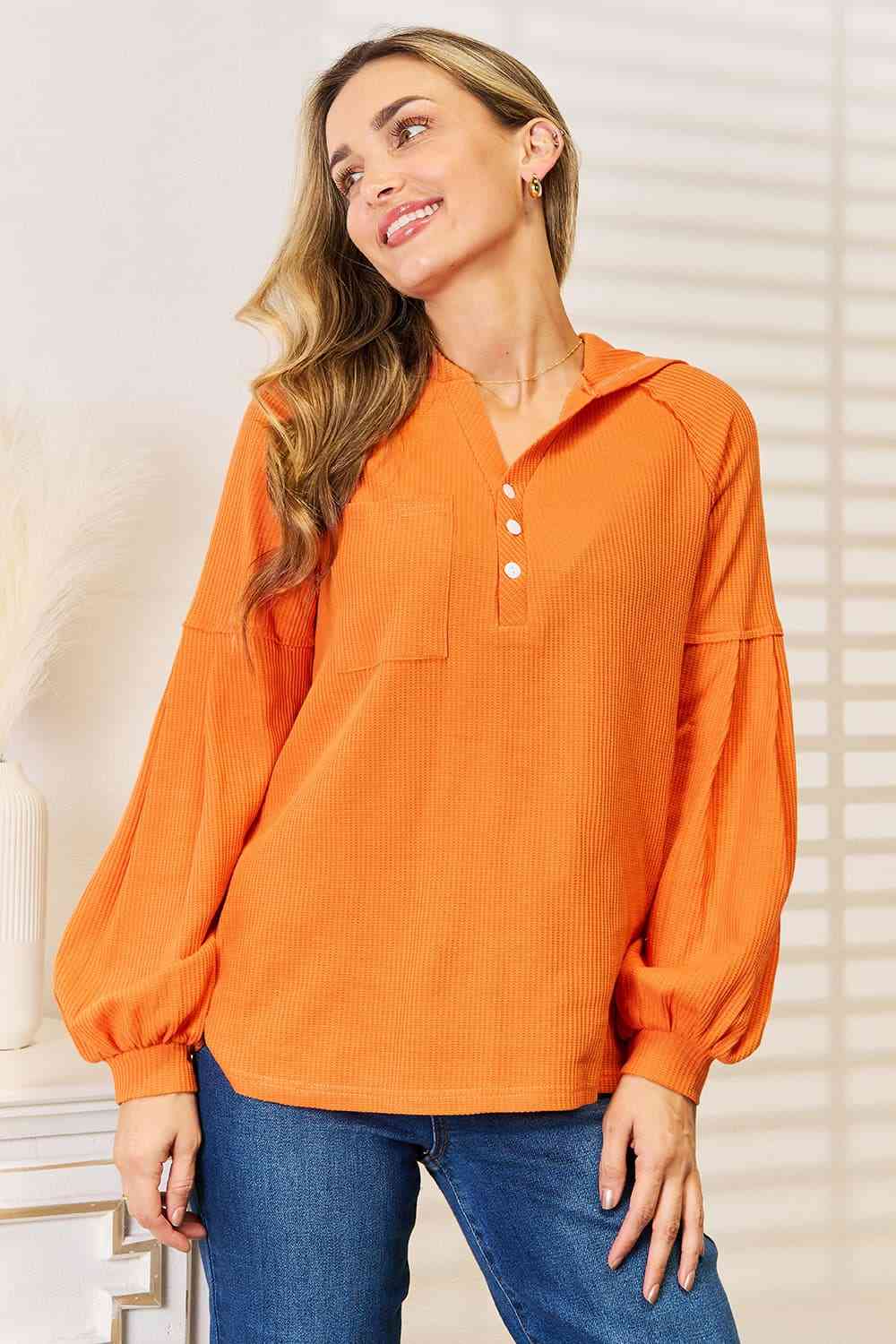 Basic Bae Side Slit Buttoned Waffle Knit Hoodie - Image 7