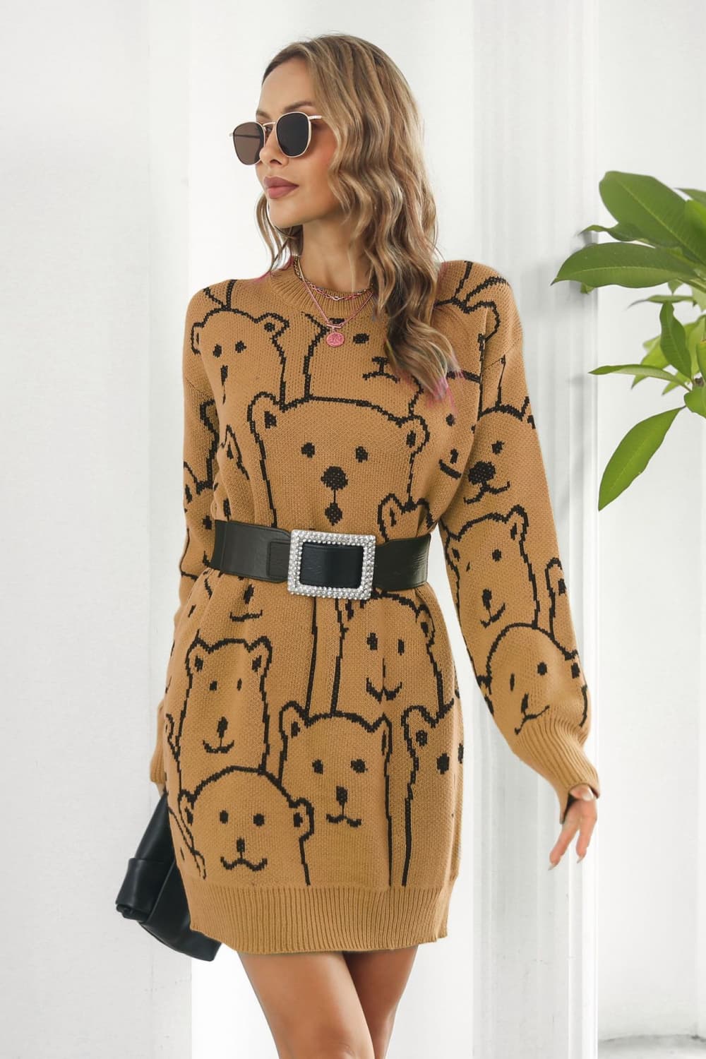 Bear Pattern Round Neck Sweater Dress - Image 2